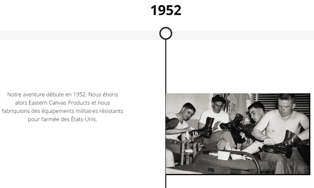 En noir et blanc de 1952 montrant quatre soldats américains assemblant des équipements militaires, origines d'Eastpak