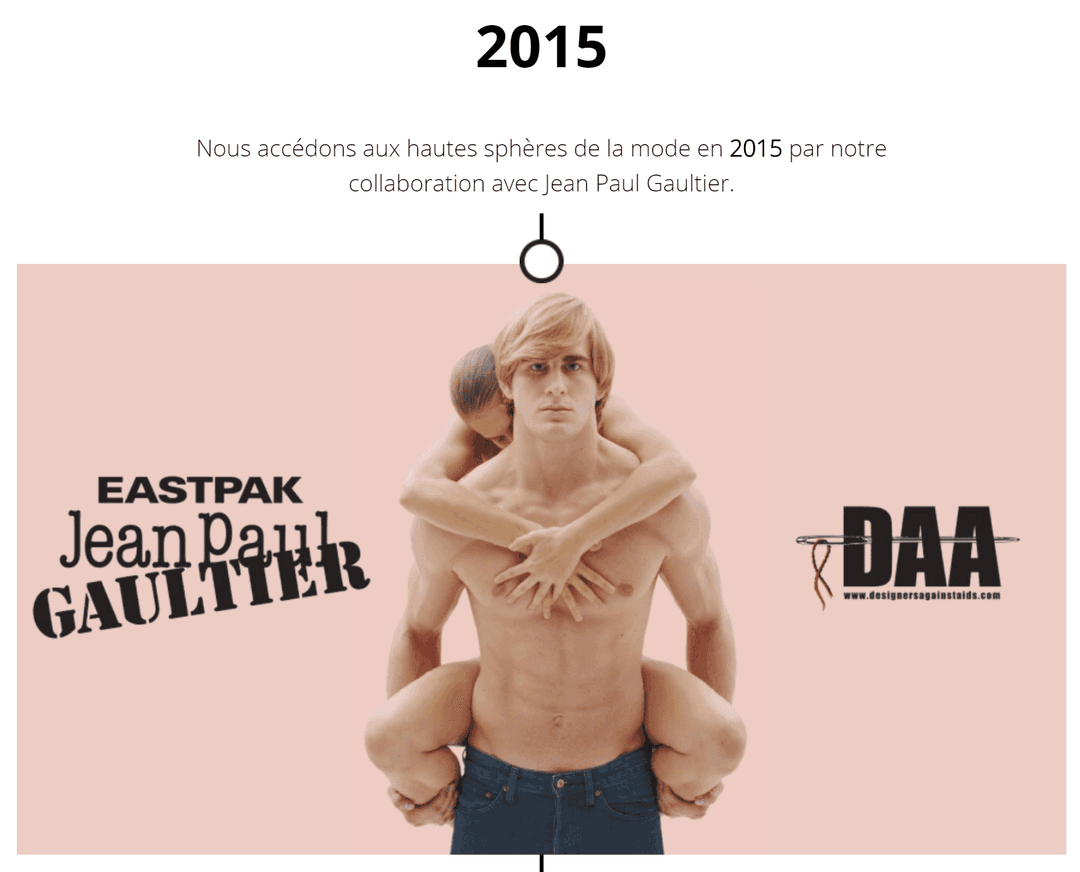 Affiche Eastpak Jean Paul Gaultier 2015 avec silhouette masculine aux cheveux blonds sur fond rose poudré