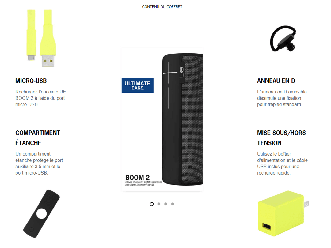 Enceinte portable Ultimate Ears Boom 2 noire avec ses accessoires : câble micro-USB jaune, anneau en D, télécommande noire et adaptateur secteur jaune fluo