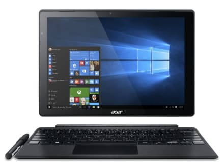 Tablette Acer Switch Alpha 12 noire avec écran affichant Windows 10, dotée d'un clavier intégré et d'un stylet détaché