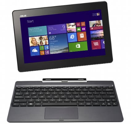 ASUS Transformer Book avec écran tactile affichant l'interface Windows et clavier détachable gris foncé