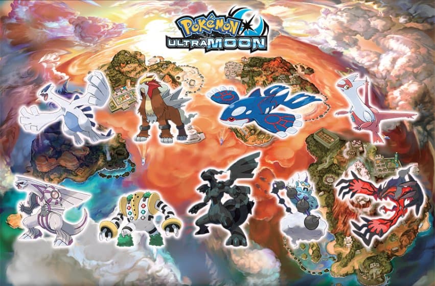 Logo Pokémon Ultra Moon entouré de Pokémon légendaires de différentes générations sur fond orange et bleu avec des dimensions alternatives