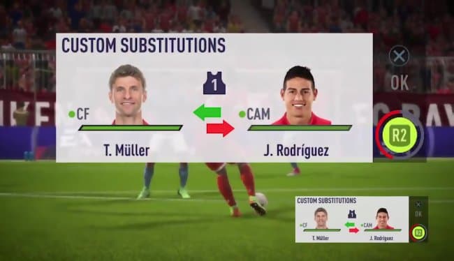 Écran de FIFA 18 affichant un menu de substitution personnalisée avec les joueurs T. Müller et J. Rodríguez, sur un terrain de football