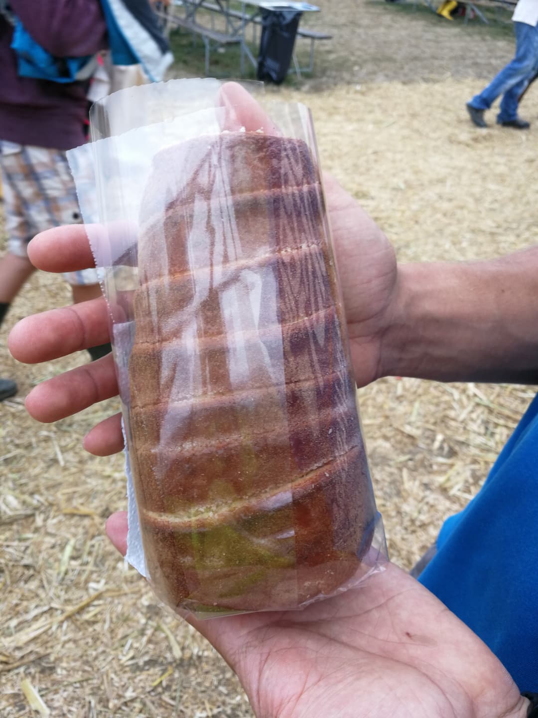 Kürtőskalács à la cannelle enrobé de sucre et de cannelle, tenu en main au Paléo Festival de Nyon
