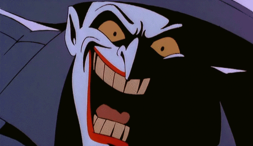 Personnage de dessin animé aux cheveux blancs avec un sourire malveillant, yeux jaunes, visage grimaçant sur fond noir