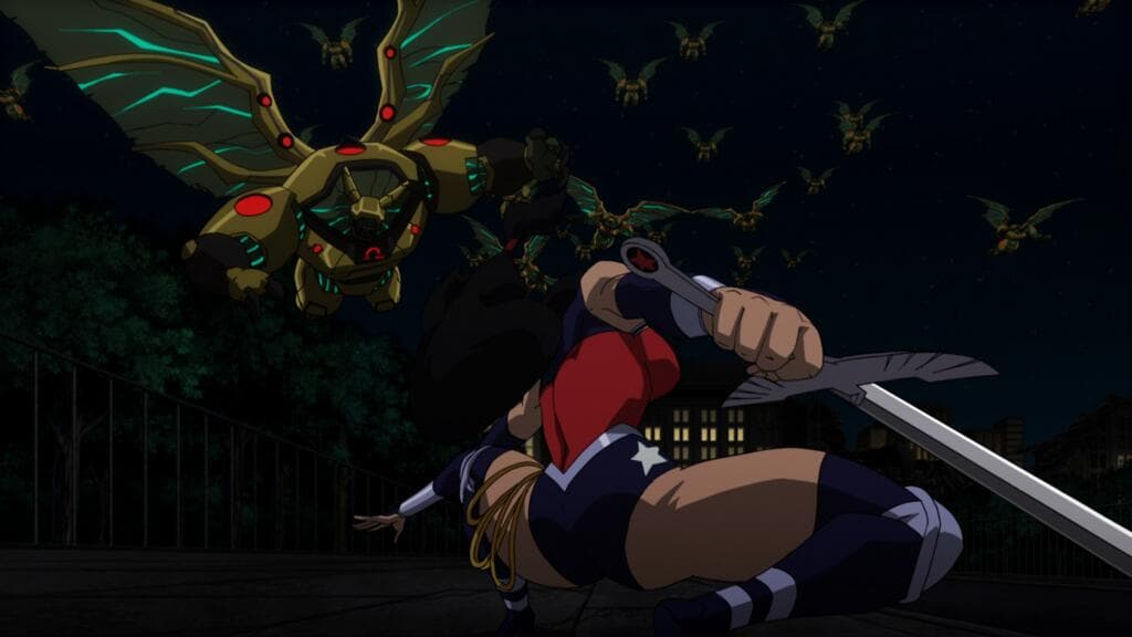 Wonder Woman brandissant son épée contre Darkseid et ses créatures volantes dans un combat aérien nocturne