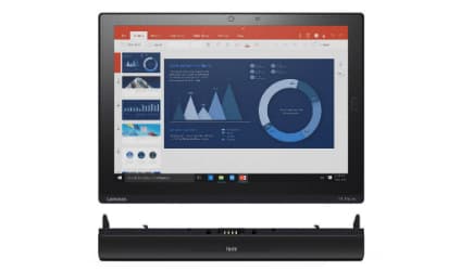 Lenovo ThinkPad X1 Tablet en mode station multimédia avec dock noir affichant des graphiques et données