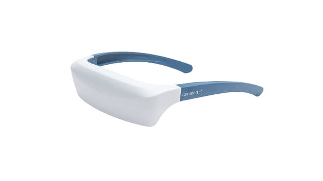Luminette, appareil de luminothérapie blanc et bleu à porter comme des lunettes