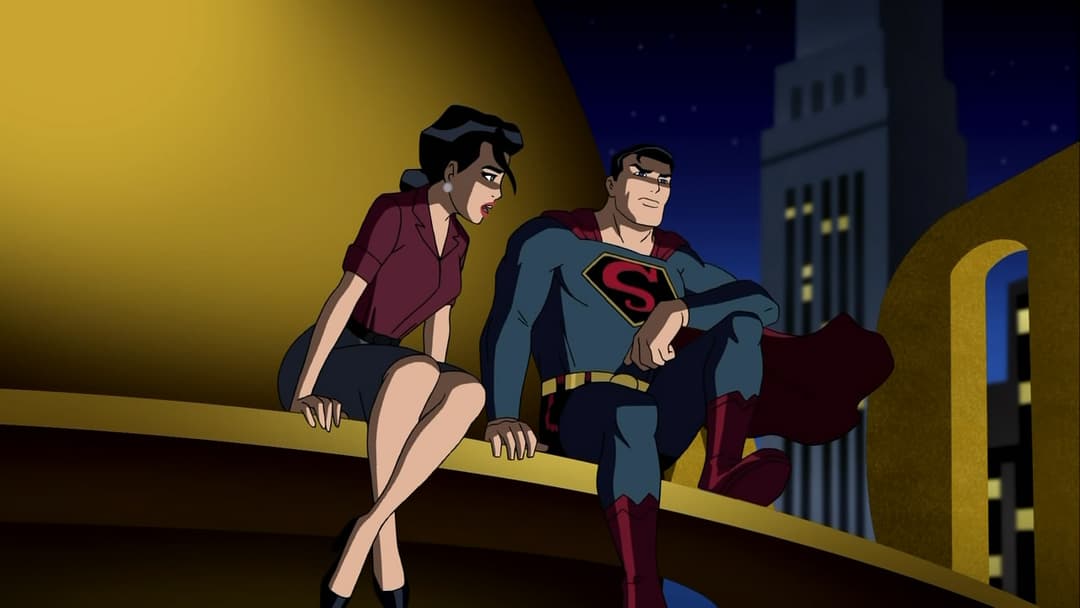 Superman et une femme en costume assis sur une corniche dorée, surplombant une ville illuminée la nuit