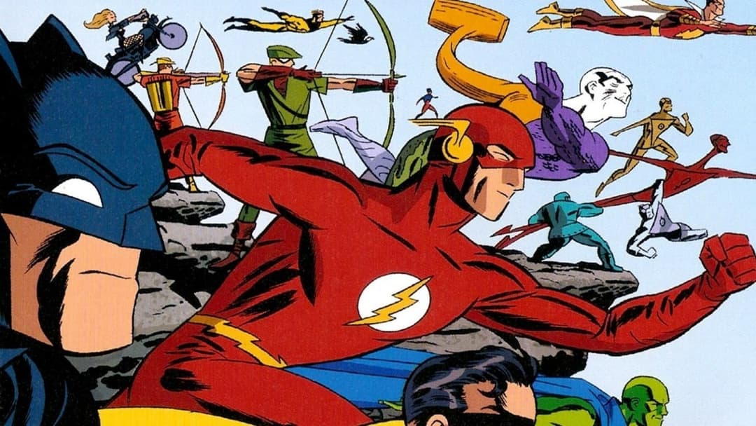 Flash au premier plan en costume rouge et jaune, entouré d'autres héros de la Justice League en action dans un style de bande dessinée colorée