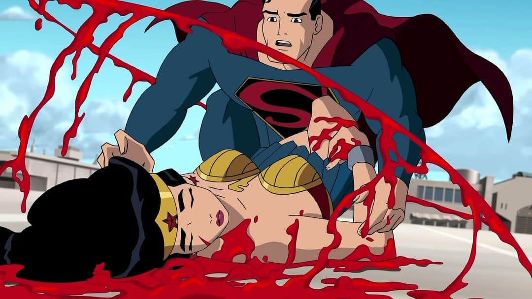 Superman soulève Wonder Woman en détresse, entouré de tentacules rouges, ciel bleu et bâtiments en arrière-plan