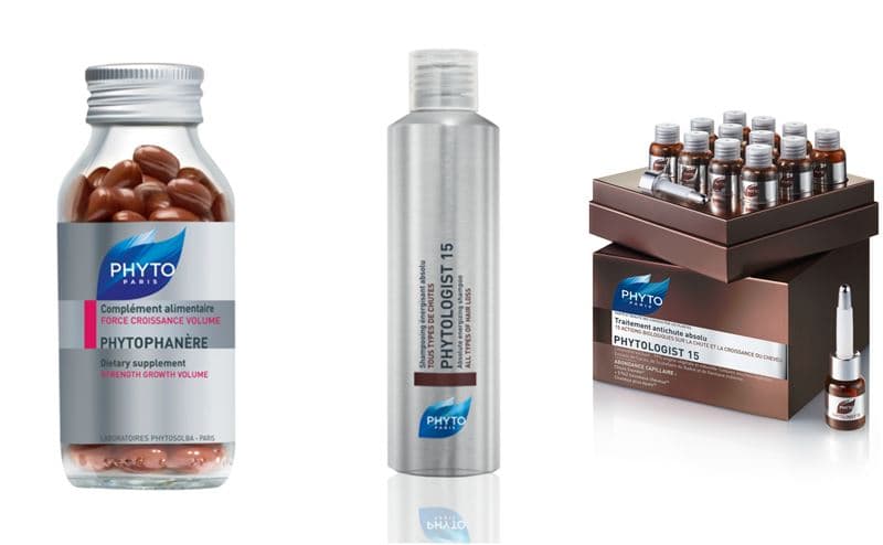 Trois produits Phyto pour la chute des cheveux: capsules Phytophànère, shampoing Phytologist 15 et boîte d'ampoules Phytologist 15
