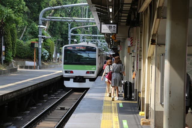 Train blanc et vert arrivant en gare avec passagers attendant sur le quai
