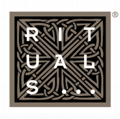Logo de RITUALS avec motif géométrique celtique noir et blanc sur fond beige