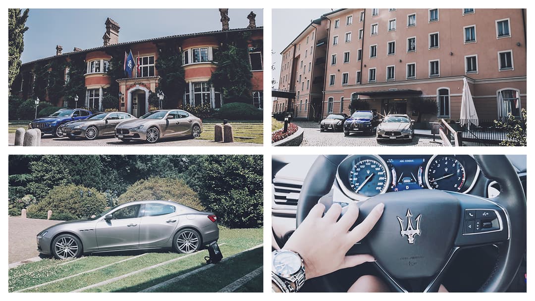 Quatre Maserati garées devant des bâtiments historiques à Lugano, et détail du volant avec trident et du tableau de bord