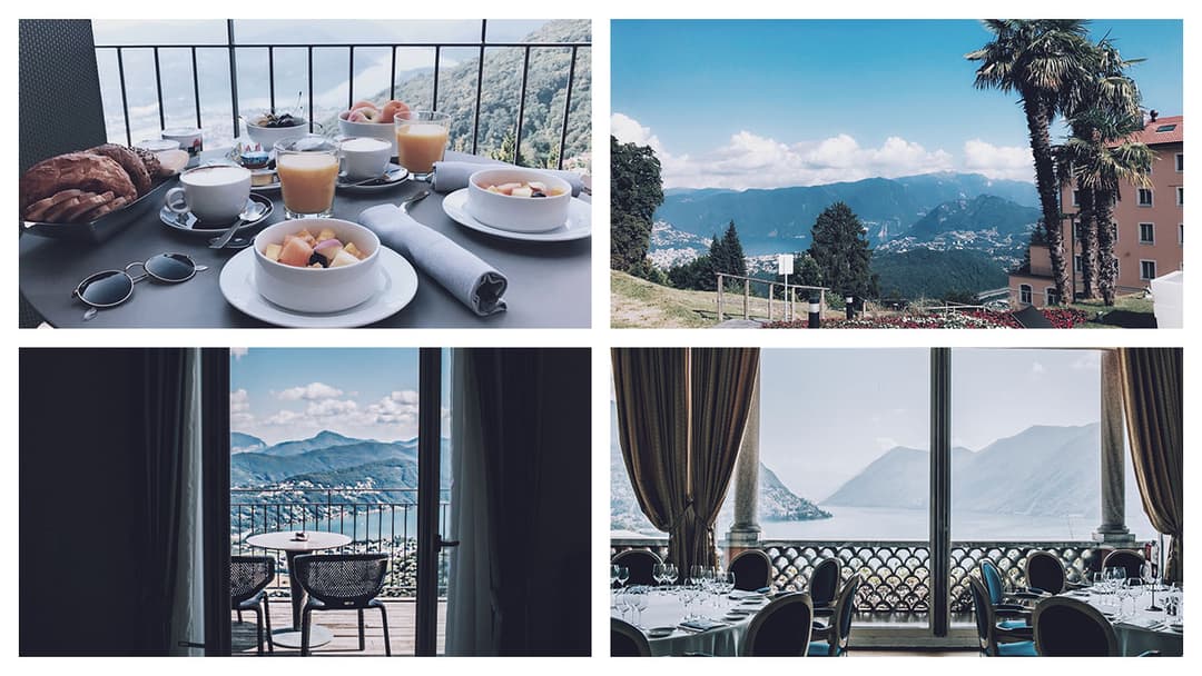 Petit-déjeuner gastronomique avec vue panoramique sur le lac de Lugano et les montagnes depuis une terrasse d'hôtel de luxe