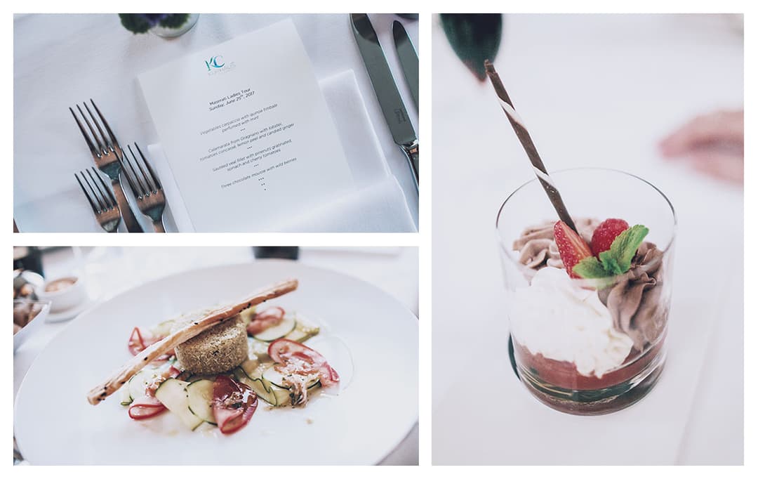 Table élégante avec menu à logo VLC, couverts et couteaux; plat gastronômique sur assiette blanche; verre de dessert à la fraise et mousse