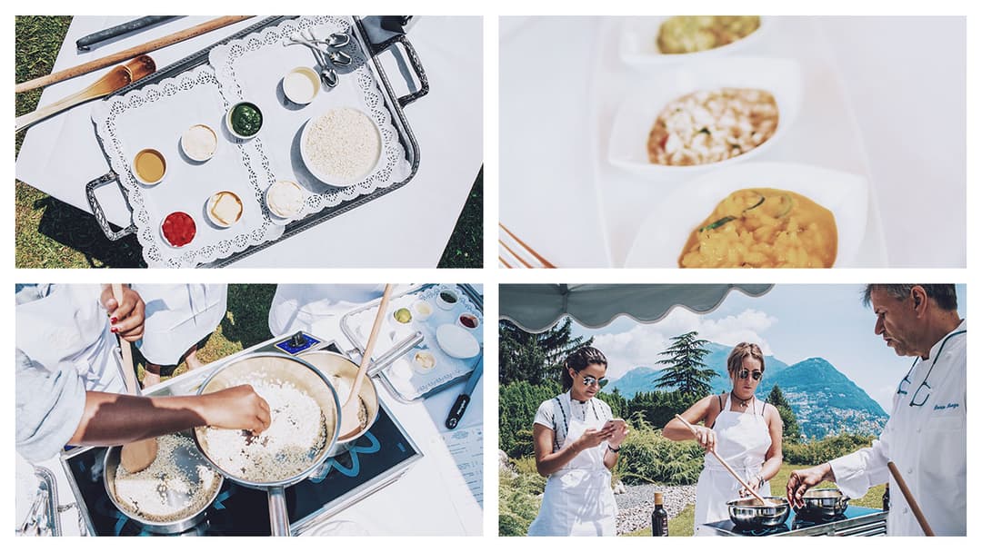 Atelier de cuisine avec le chef Dario Ranza : ingrédients et risottos préparés lors d'un concours à la Villa Principe Leopoldo à Lugano