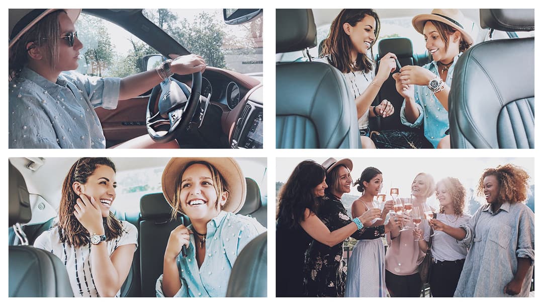 Montage de quatre photos : femmes au volant d'une Maserati, conversations dans le véhicule, et groupe de sept femmes trinquant ensemble à Lugano