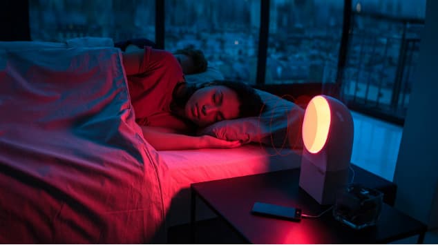 Personne dormant au lit la nuit avec une lampe de luminothérapie rouge allumée sur la table de nuit