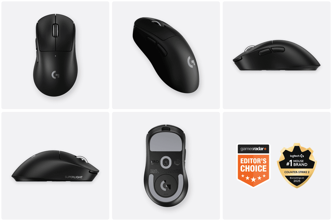 La PRO X SUPERLIGHT 2 DEX noire sous tous les angles : dessus, trois-quarts, profils gauche et droit, dessous, et ses deux récompenses