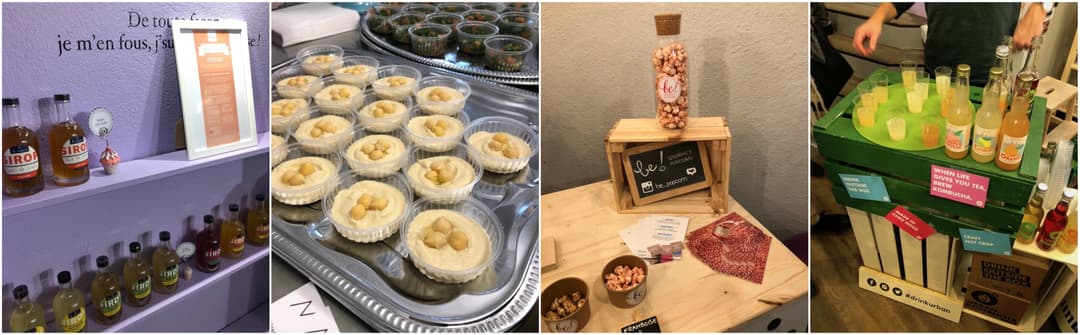 Collage montrant des produits et mets : sirops sur étagère violette, cupcakes garnis, pop-corn sur présentoir, bouteilles de kombucha sur étagère verte