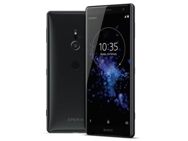 Sony Xperia XZ2 noir de face et de profil, écran affichant l'heure 10h35 avec motifs bleus lumineux