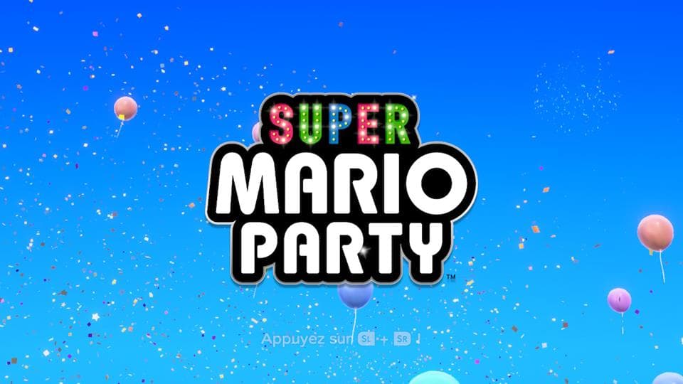 Logo Super Mario Party avec lettres néon colorées sur fond bleu avec confettis et ballons