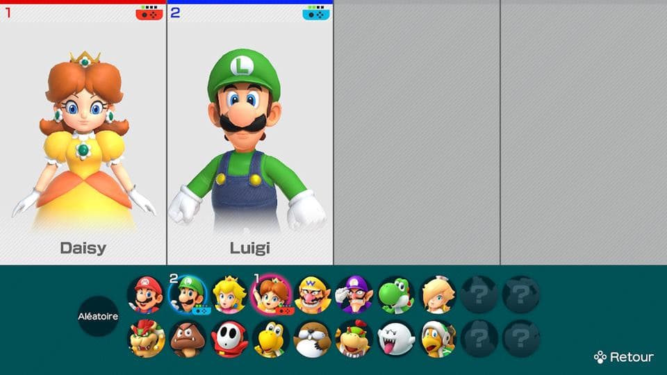 Écran de sélection de personnages de Super Mario Party montrant Daisy et Luigi en avant-plan, avec une galerie de personnages jouables en bas incluant Mario, Peach, Wario et d'autres