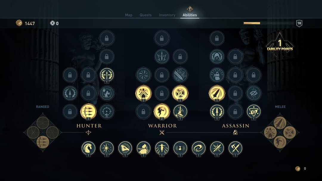 Menu Abilities d'Assassin's Creed Odyssey montrant un arbre de compétences avec trois branches Hunter, Warrior et Assassin en doré et bleu