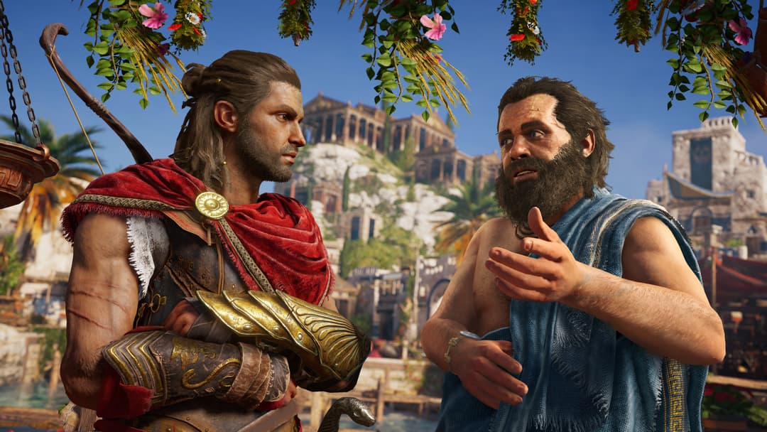 Deux personnages de la Grèce antique en discussion, l'un vêtu d'une tunique rouge et de bronze, l'autre en bleu, avec l'Acropole d'Athènes en arrière-plan