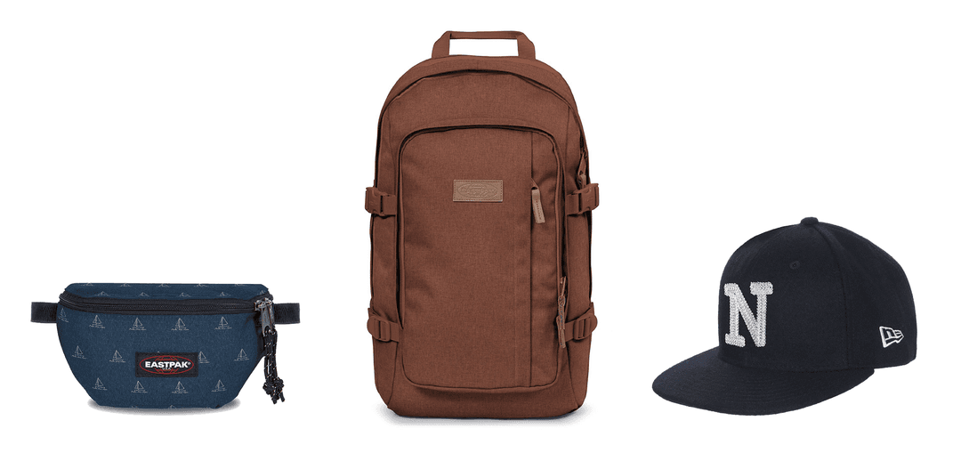 Sac à dos Eastpak marron, banane Eastpak bleue à motifs et casquette noire New Era avec logo N blanc