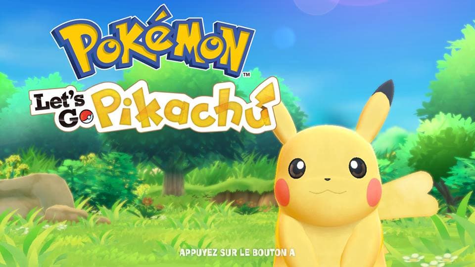 Pokémon Let's Go Pikachu, jeu Nintendo Switch, affiche avec Pikachu jaune souriant dans une prairie verdoyante