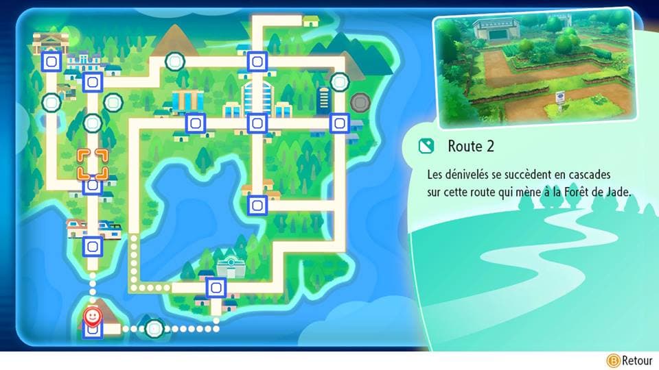 Carte de la région de Kanto dans Pokémon Let's Go, montrant villes et routes avec aperçu de la Route 2 et ses cascades