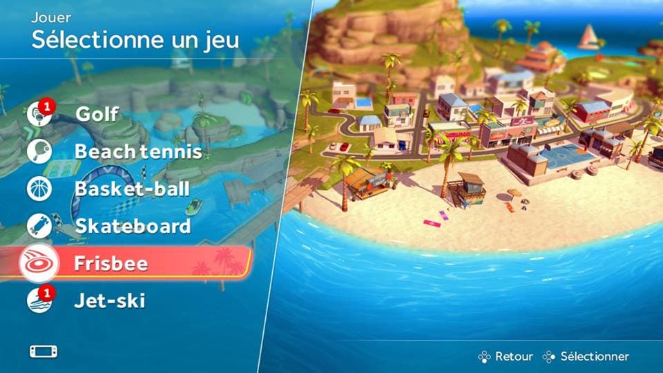 Menu de sélection du jeu Sports Party affichant les six sports disponibles : Golf, Beach tennis, Basket-ball, Skateboard, Frisbee et Jet-ski, avec une plage en arrière-plan