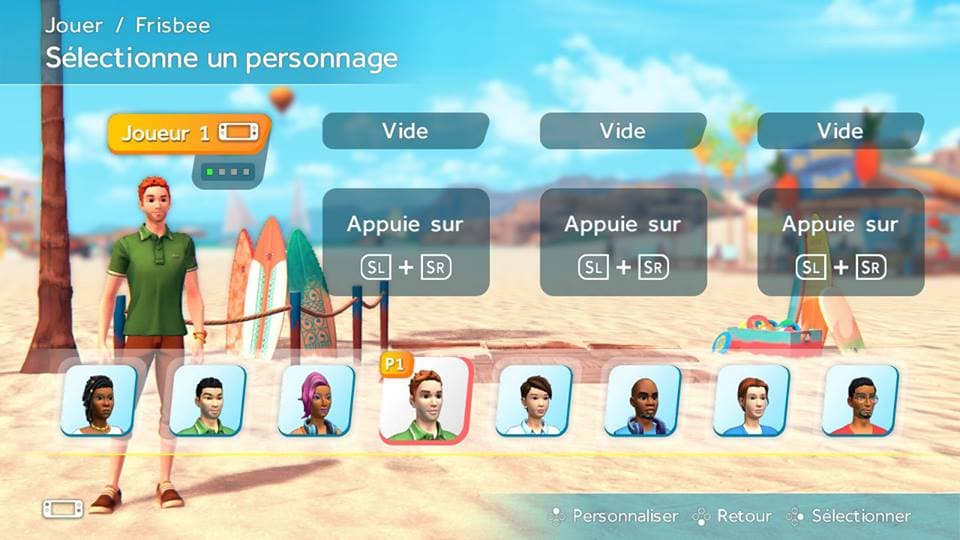 Écran de sélection de personnage dans Sports Party sur Nintendo Switch, avec avatars sur une plage ensoleillée et instructions de contrôle aux Joy-Cons