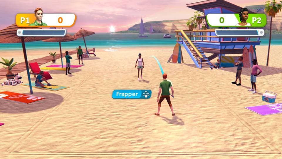Capture d'écran de Sports Party sur Nintendo Switch montrant une plage avec des personnages participant à un mini-jeu de frisbee