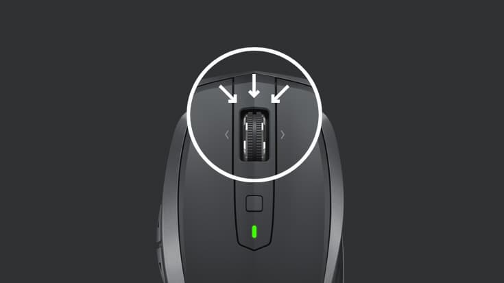 Souris Logitech MX Anywhere 2S grise avec détail de la roulette de défilement ultra-rapide et indicateur de batterie vert
