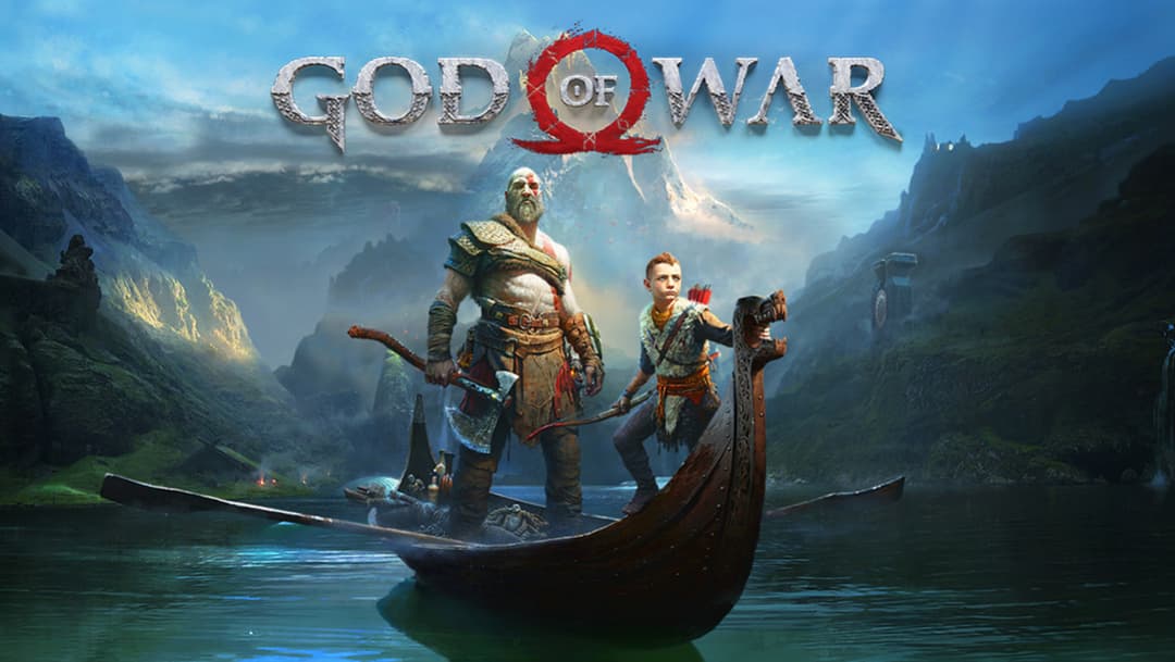 Affiche du jeu God of War avec trois personnages guerriers dans une barque viking sur un lac entouré de montagnes