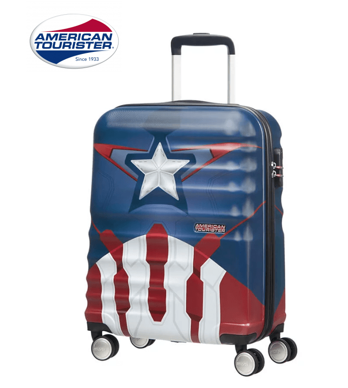 Valise American Tourister 55cm bleu et rouge aux couleurs de Captain America, avec étoile blanche et rayures, 4 roues