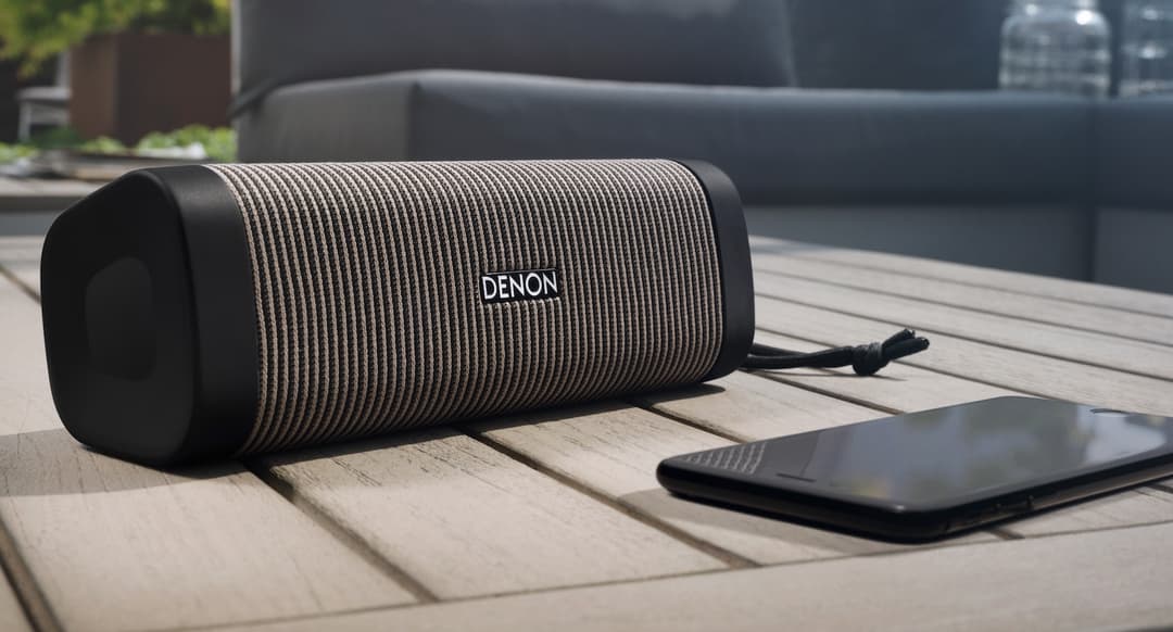Haut-parleur Denon Envaya noir et gris sur une table en bois, avec un smartphone à proximité