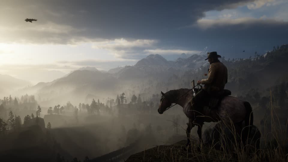 Cowboy à cheval observant un paysage montagneux brumeux dans Red Dead Redemption II