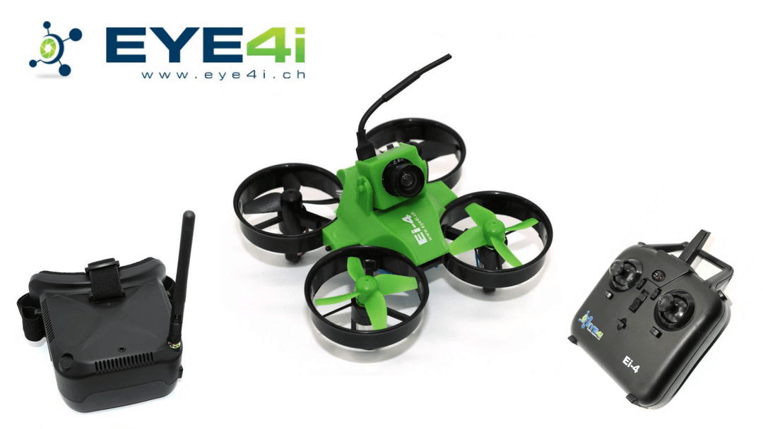 Drone Ei-4S vert et noir avec ses quatre hélices, accompagné d'une télécommande noire et d'un écran de pilotage