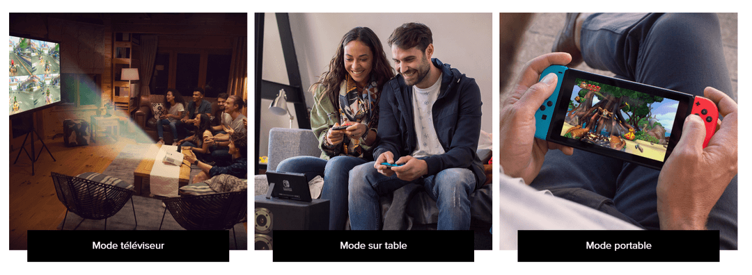 Nintendo Switch avec manettes bleue et rouge affichant un jeu, présentée dans ses trois modes : téléviseur, sur table et portable