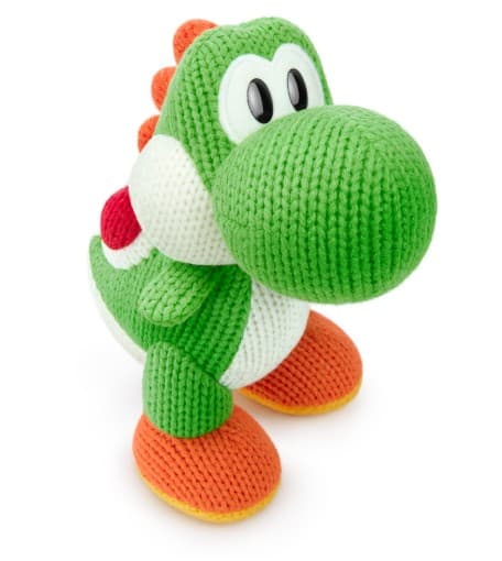 Figurine amiibo Woolly Yoshi en tricot vert, blanc et orange avec grands yeux ronds