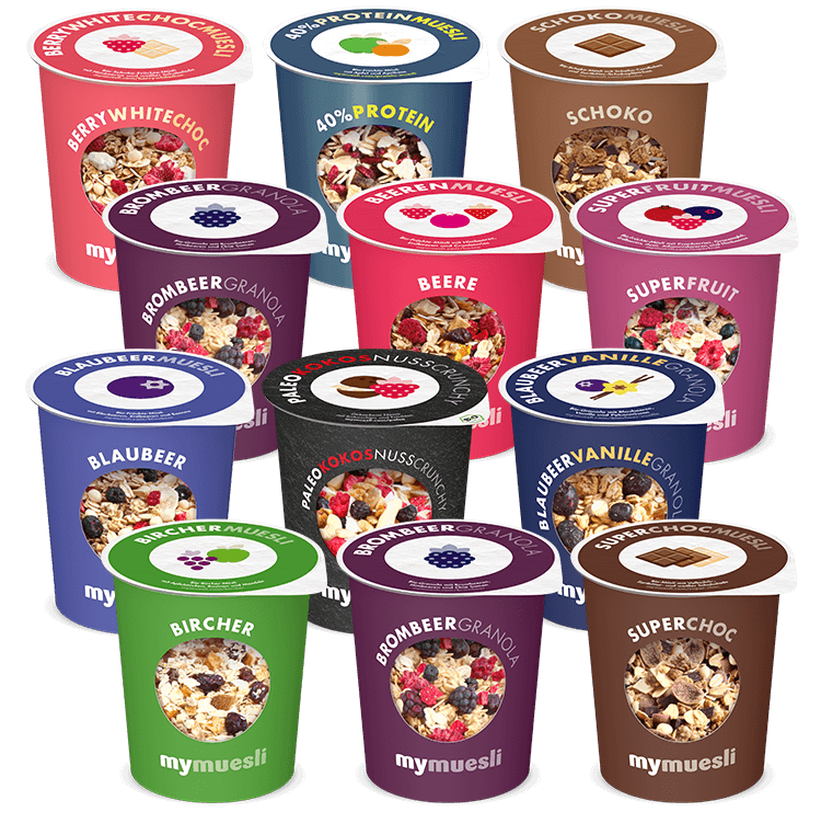 Douze pots de granola MyMuesli de différentes saveurs et couleurs, dont Superfruit et Paléo Coco, avec leurs couvercles