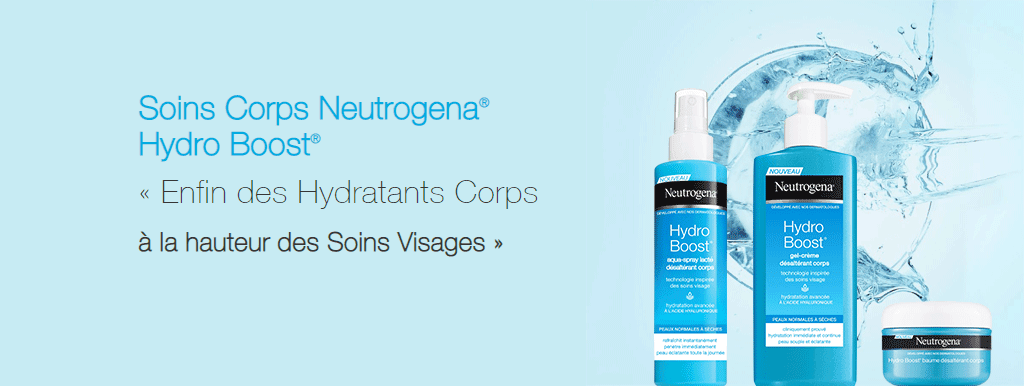 Super Pack Neutrogena Hydro Boost avec spray, gel-crème et crème, entourés d'éclaboussures d'eau sur fond bleu ciel