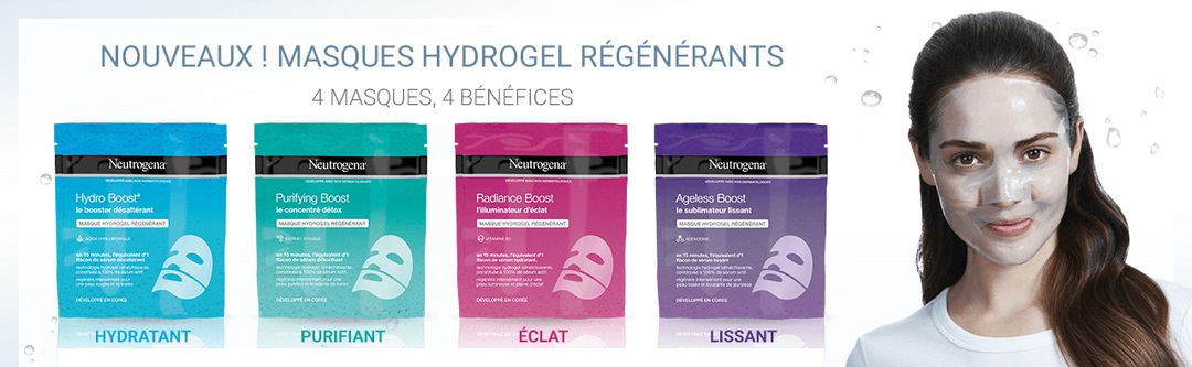 Super Pack Neutrogena Hydro Boost : quatre masques hydrogels régénérants bleu, vert, rose et violet avec quatre bénéfices différents, et femme portant l'un des masques