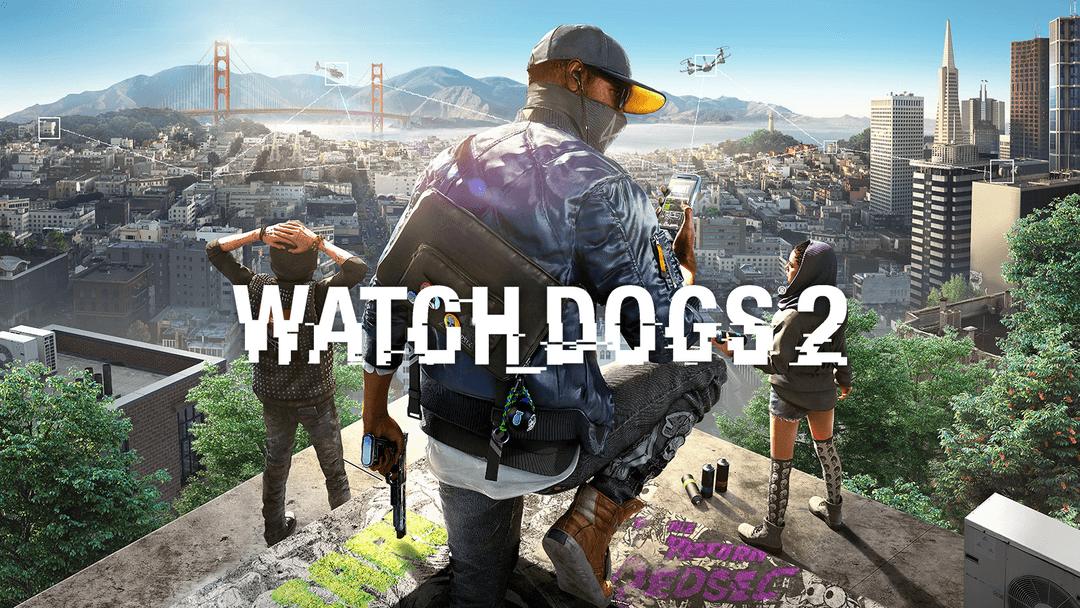 Personnage de Watch Dogs 2 de dos avec casquette jaune, surplombant San Francisco et le Golden Gate Bridge