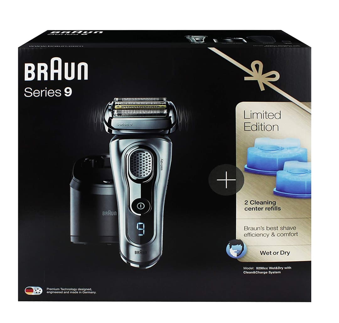 Rasoir électrique Braun Series 9 chromé et noir avec station de nettoyage, édition limitée incluant deux cartouches de nettoyage bleu